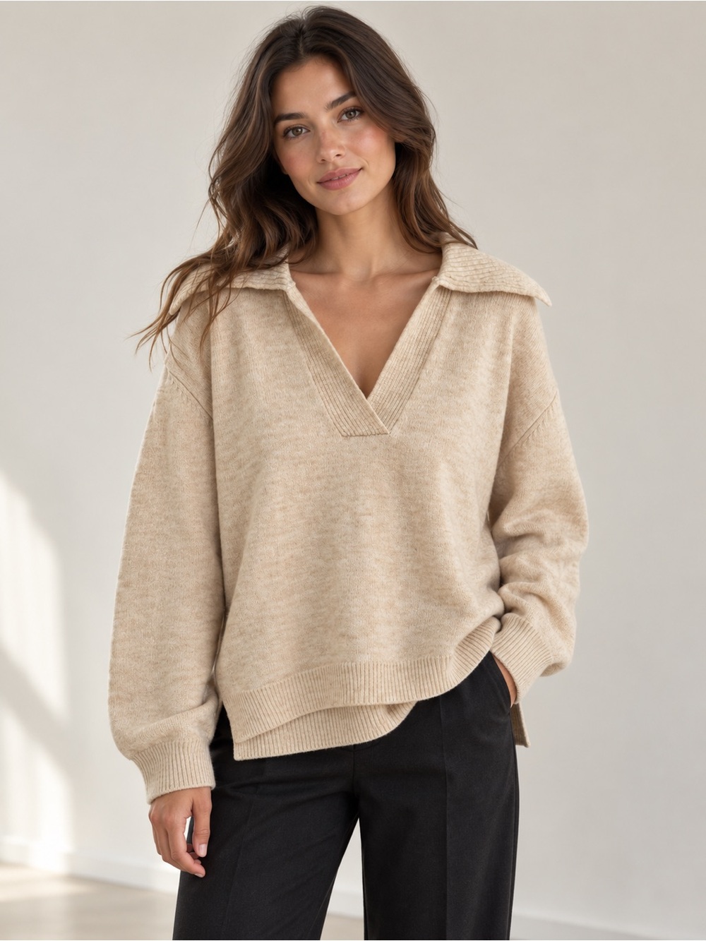 Hello Molly Cream Shaw Collared V-Neck Sweater Medium Acrylic Blend Relaxed Fit